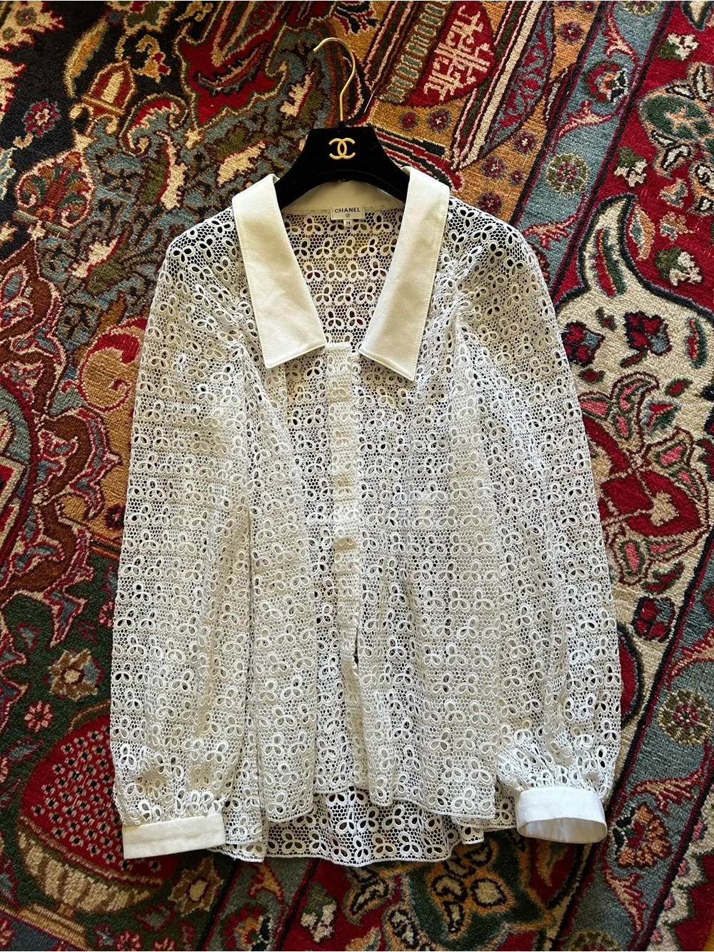CHANEL 2018 Greece Ivory Lace Long-Sleeve Blouse 38